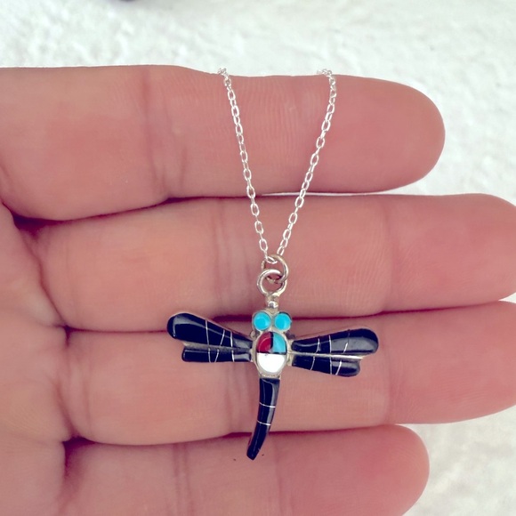 Silver Dragonfly Inlay Pendant Necklace